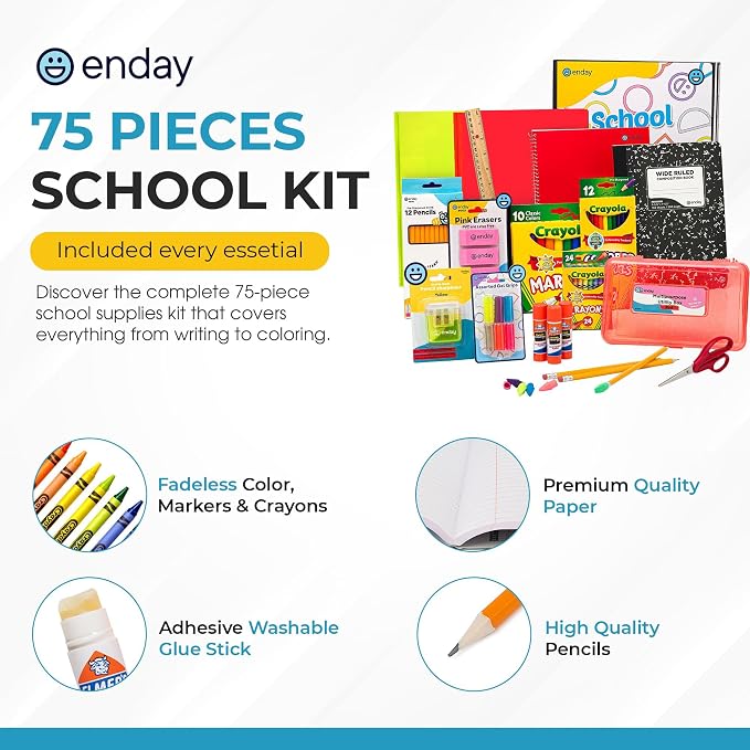American Smart Enday back to school supplies kit with 83 items for grades K-5, including pencils, notebooks, and art supplies.