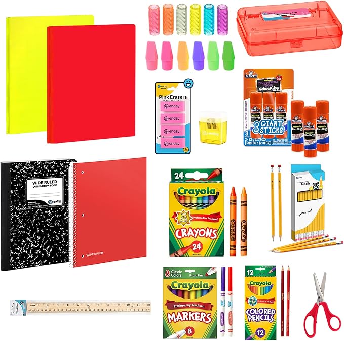 American Smart Enday back to school supplies kit with 83 pieces for grades K-5, including pencils, crayons, and school essentials for kids