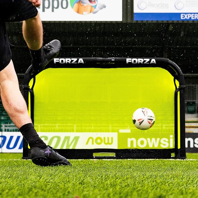 American Smart FORZA aluminum POD soccer goal, fold-away, freestanding target goal in black with mesh netting, suitable for training and matches