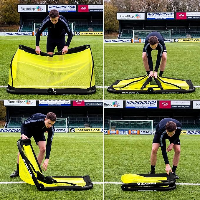 Foldable aluminum FORZA POD soccer goals by American Smart, featuring freestanding design in multiple sizes and colors.