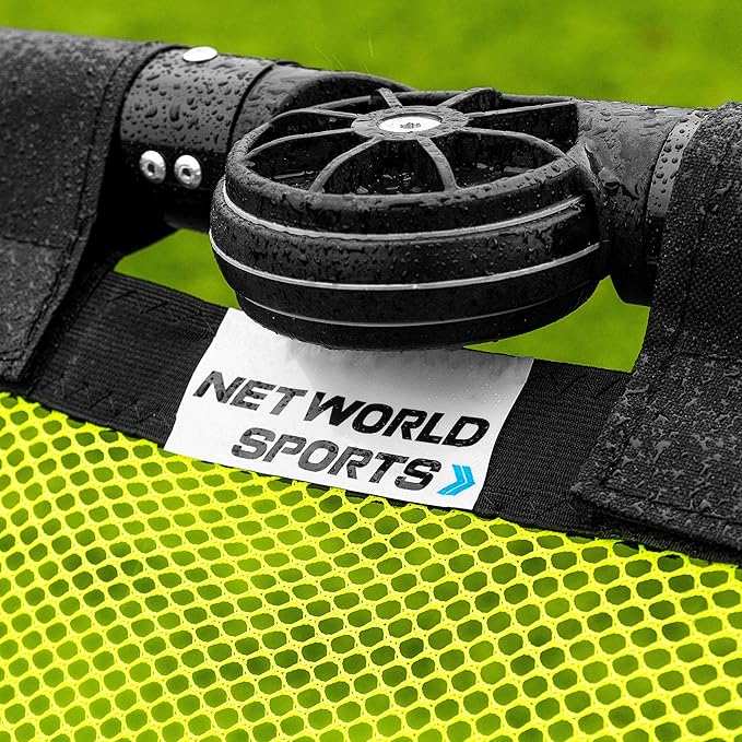 Four fold-away aluminum soccer goals in various sizes and colors, designed for easy setup and portable use by American Smart.