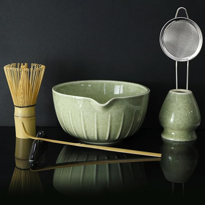 American Smart 7-piece ceramic matcha whisk set with bowl, bamboo scoop, whisk holder, sifter, rest, and tea towel for traditional tea preparation