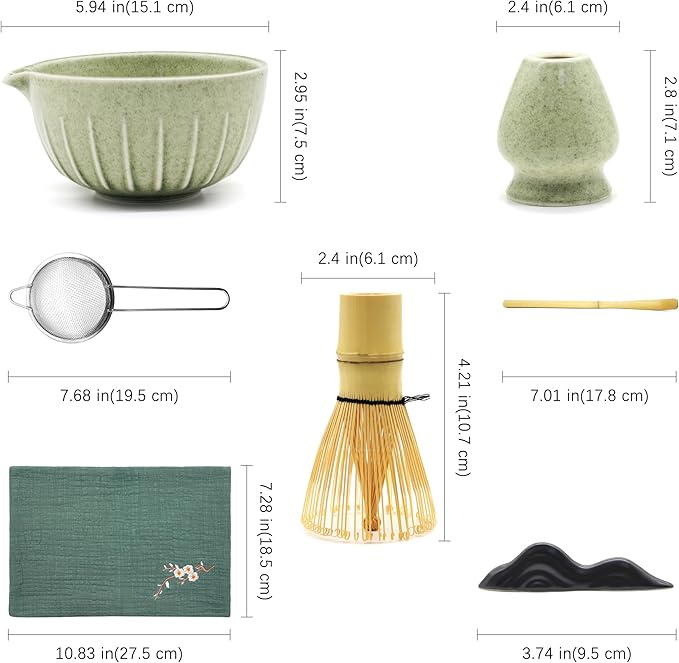 American Smart 7-piece ceramic matcha whisk set with bowl, bamboo scoop, holder, sifter, rest, and tea towel for traditional matcha preparation.