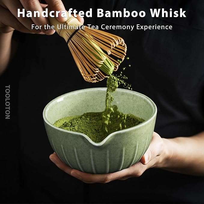 American Smart 7-piece matcha whisk set including ceramic bowl, bamboo scoop, whisk, holder, sifter, rest, and tea towel.
