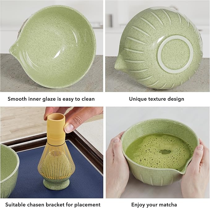American Smart 7-piece matcha whisk set with ceramic bowl, bamboo scoop, holder, sifter, tea towel, and rest for traditional tea preparation.