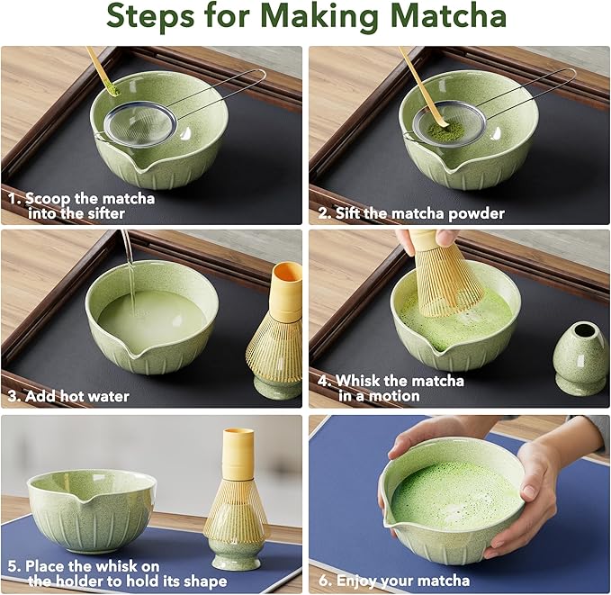 American Smart 7-piece matcha whisk set includes ceramic bowl, bamboo scoop, holder, sifter, rest, and tea towel for traditional tea preparation.
