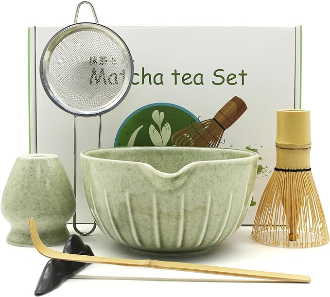 American Smart 7-piece ceramic matcha whisk set with bowl, bamboo scoop, holder, sifter, rest, and tea towel for traditional matcha preparation.
