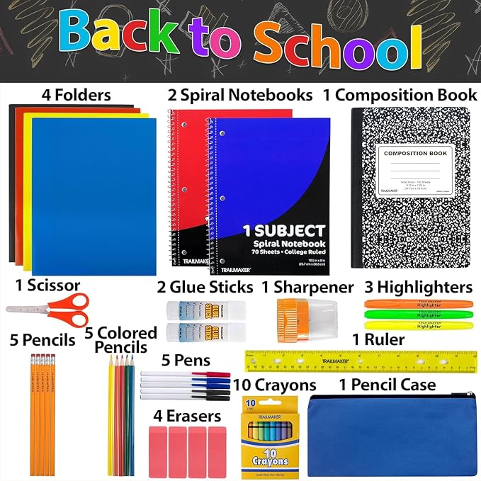 American Smart Trail Maker school supplies kit with folders, notebooks, pencils, and pens for grades K-12.