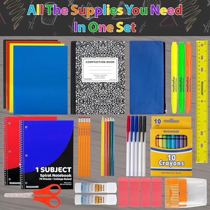 American Smart 45-piece Trail Maker school supplies kit with folders, notebooks, pencils, and pens for grades K-12.