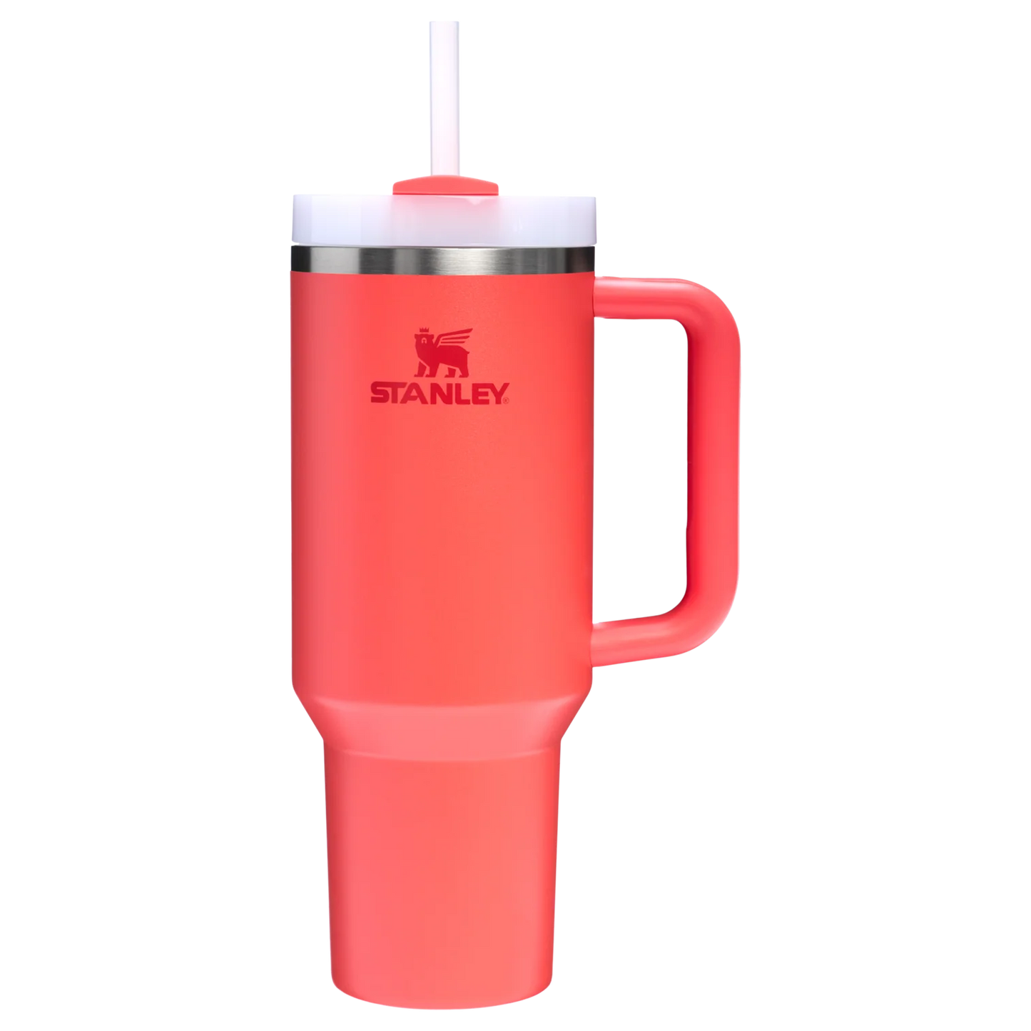 STANLEY Quencher H2.0 FlowState 40 oz stainless steel tumbler in hot coral, showcasing front view and sleek design.