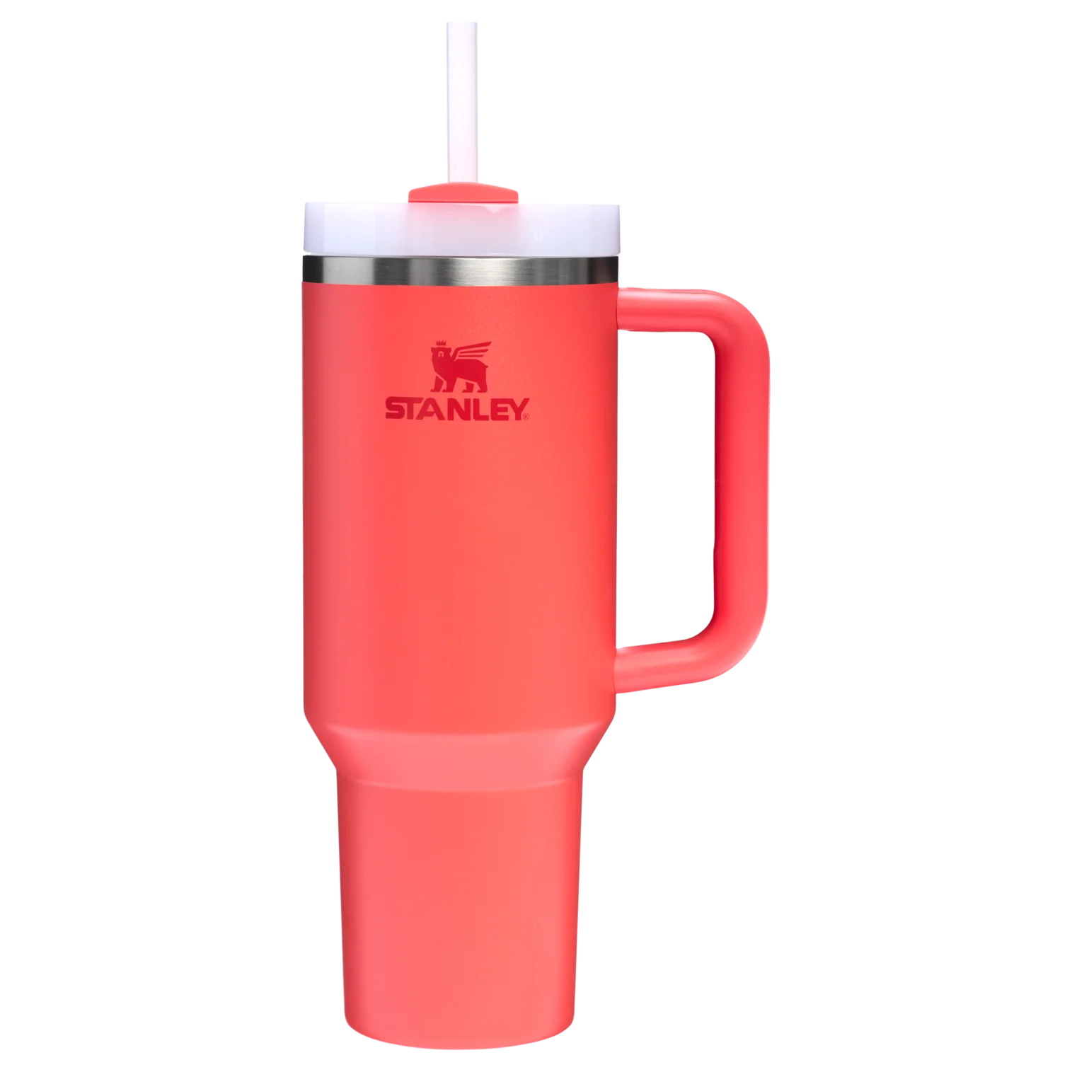 STANLEY Quencher H2.0 FlowState 40 oz stainless steel tumbler in hot coral, showcasing front view and sleek design.