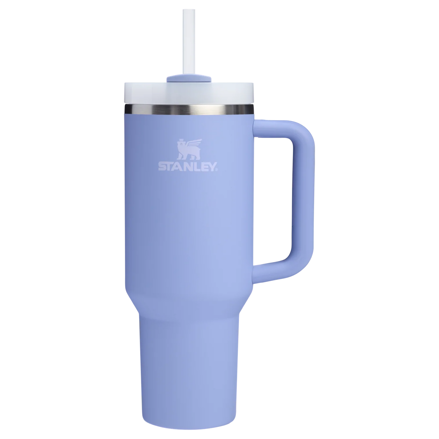 Front view of AM STANLEY Quencher H2.0 FlowState stainless steel tumbler in Hydrangea color, 40 oz capacity.