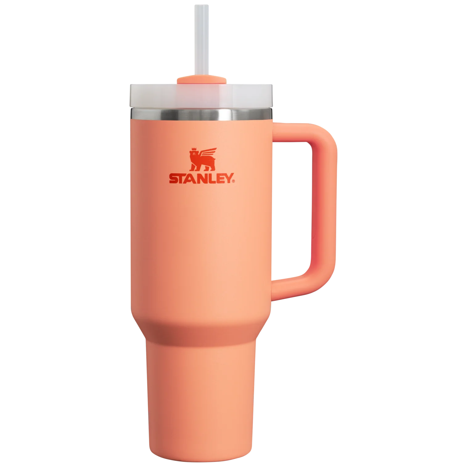 STANLEY Quencher H2.0 FlowState 40oz stainless steel tumbler in vibrant nectarine color, showcasing the front view.