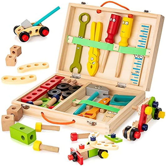 American Smart KIDWILL 36-piece wooden kids' tool kit with toolbox, includes toddler-friendly tools for imaginative play.