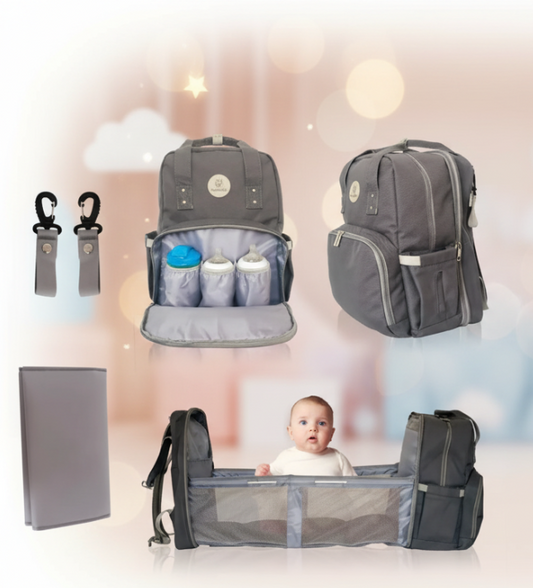 American Smart MoonBaby diaper bag with foldable changing station, portable crib, and bassinet for babies and toddlers.