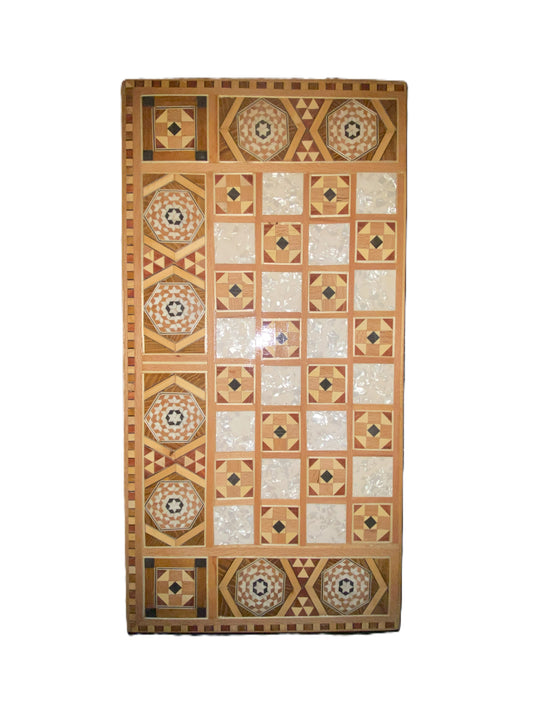Vintage mosaic wooden inlaid marquetry backgammon set by American Smart with intricate design and craftsmanship.