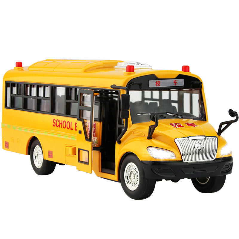 American Smart CG toy school bus car, bright yellow action figure vehicle for children, detailed and playful design.