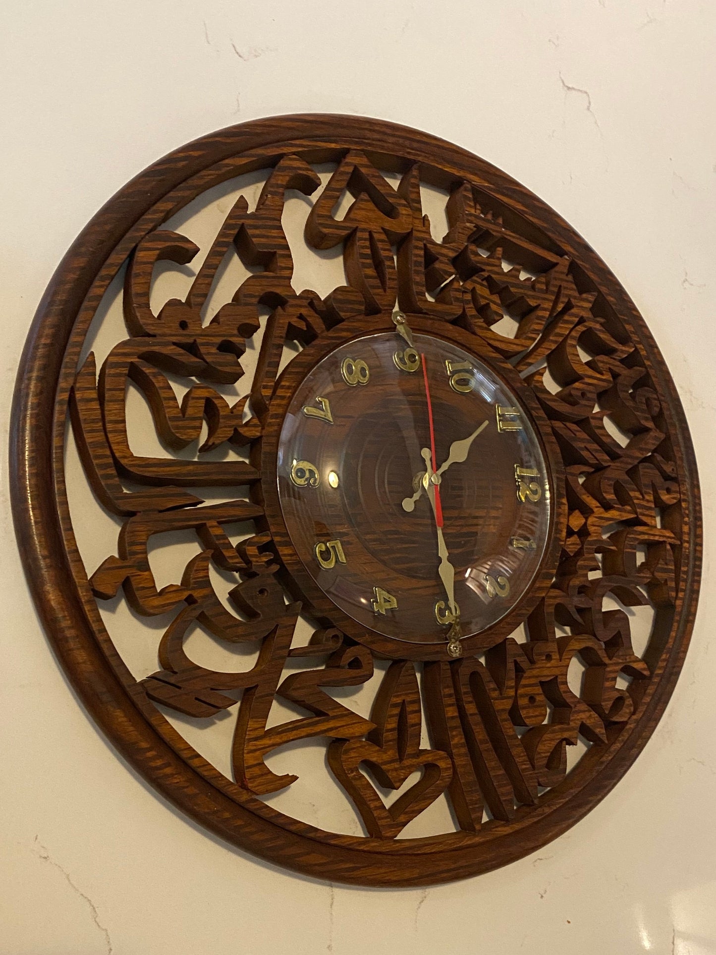 Handcrafted vintage Islamic wooden wall clock with traditional design and Arabic numerals, made by American Smart.