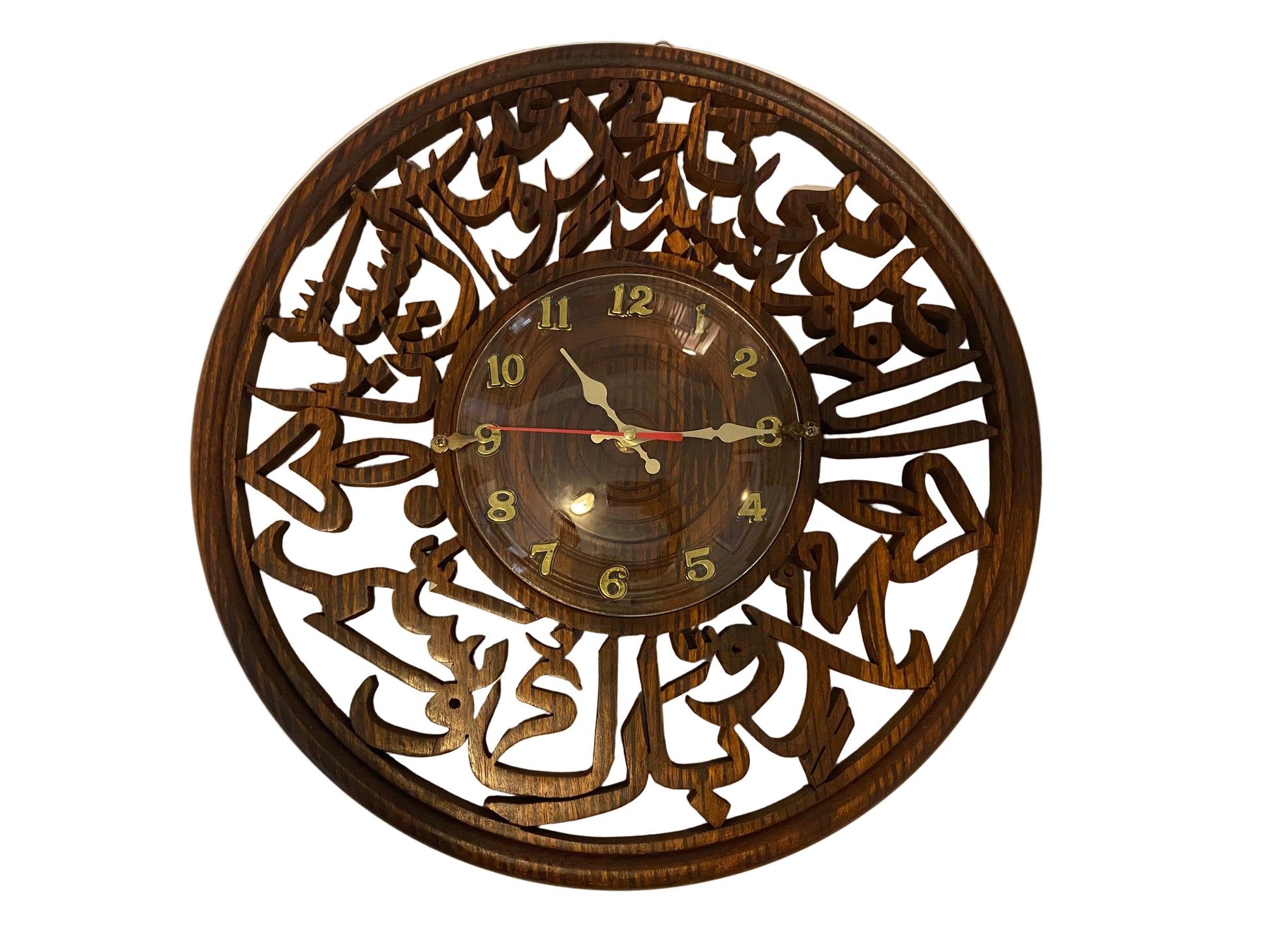 Handcrafted vintage Islamic solid wooden wall clock with traditional design, featuring intricate carvings and a classic time display.