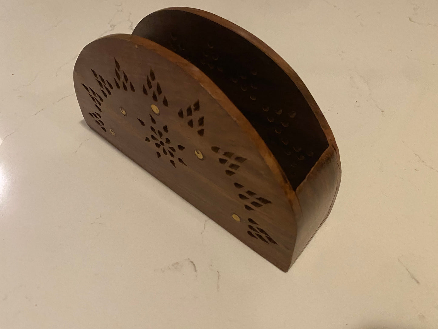 Vintage wooden paper tissue box holder with brass inlay, American Smart napkin and tissue storage box, elegant home decor accessory.
