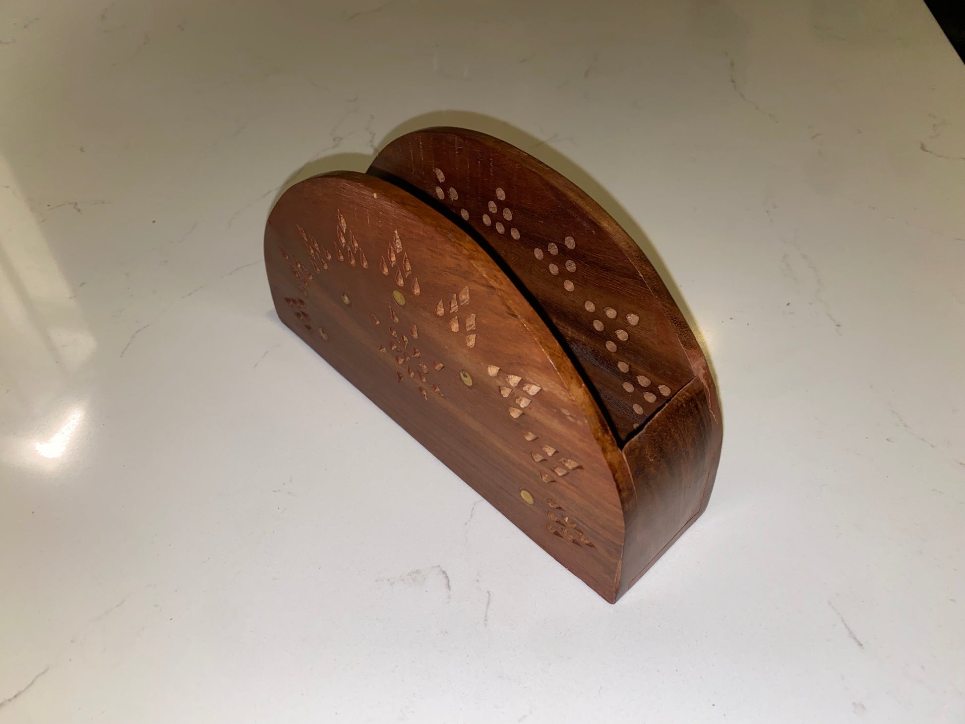 Vintage wooden tissue box holder with brass inlay, American Smart napkin and tissue holder, elegant wooden design.