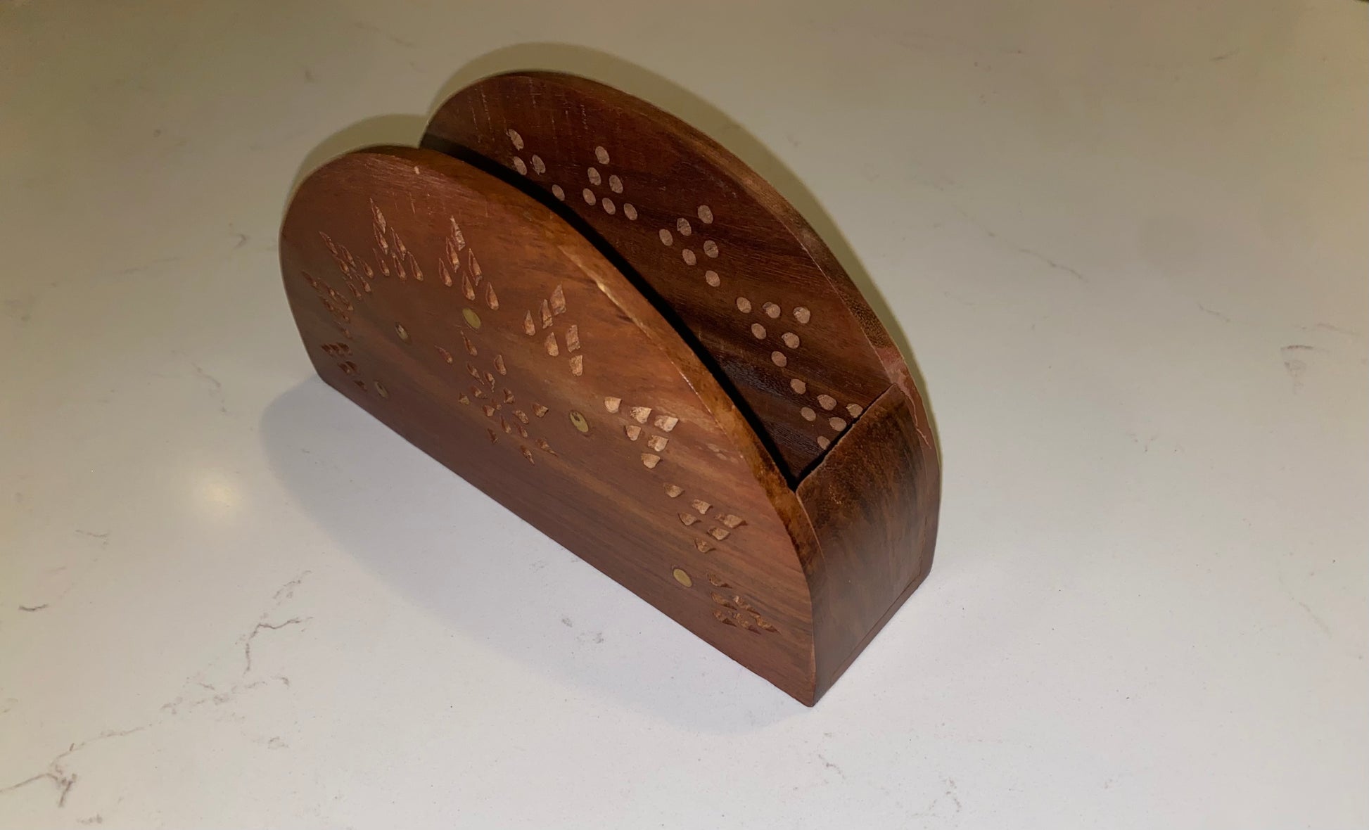 Vintage wooden tissue box holder with brass inlay, designed for napkins and tissues, by American Smart.