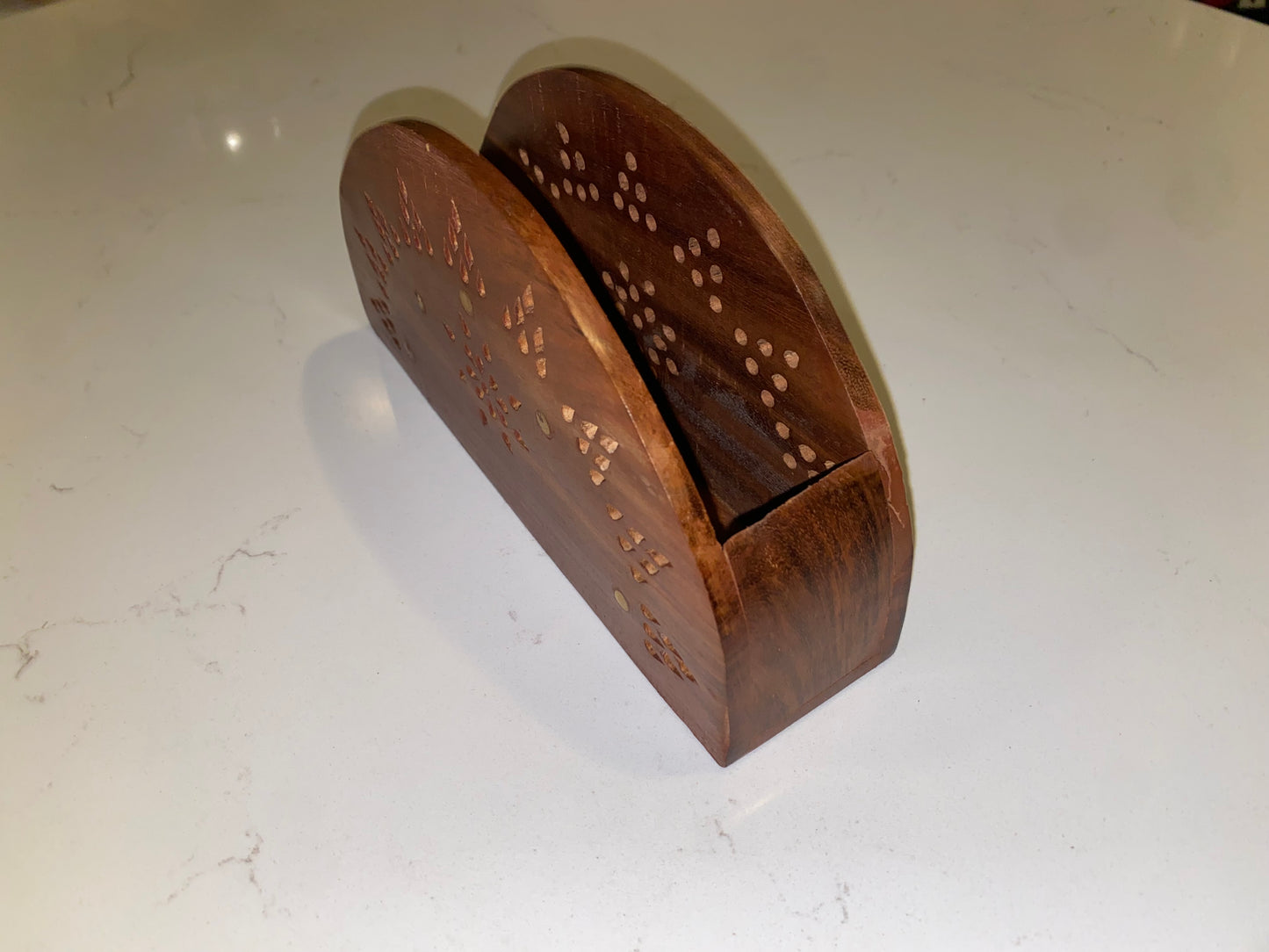 Vintage wooden tissue box holder with brass inlay, American Smart napkin and tissue holder for elegant home decor.