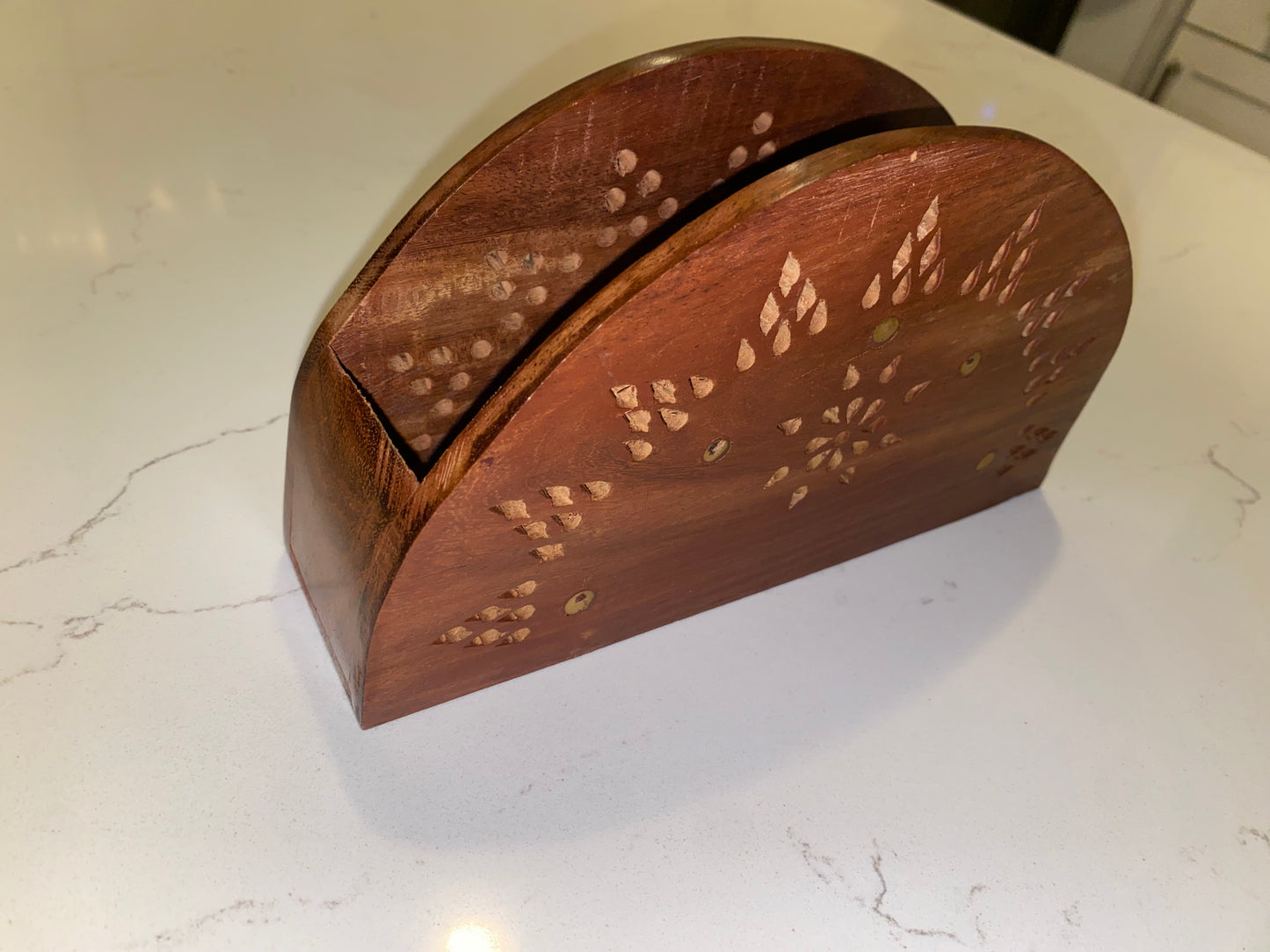 Vintage wooden paper tissue holder box with brass inlay, designed for napkins and tissues by American Smart.