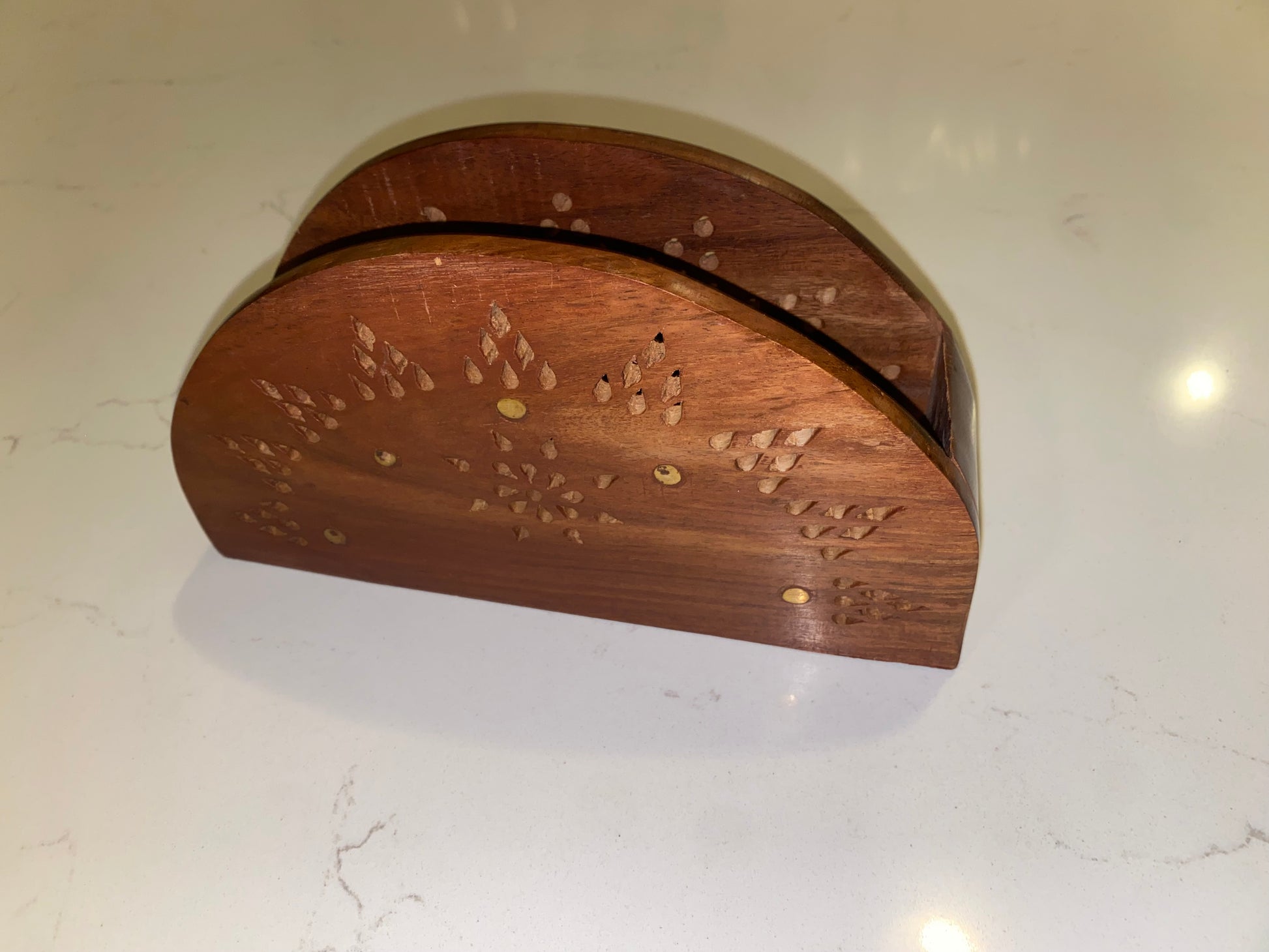 Vintage wooden tissue box holder with brass inlay, designed for napkins and tissues, by American Smart.