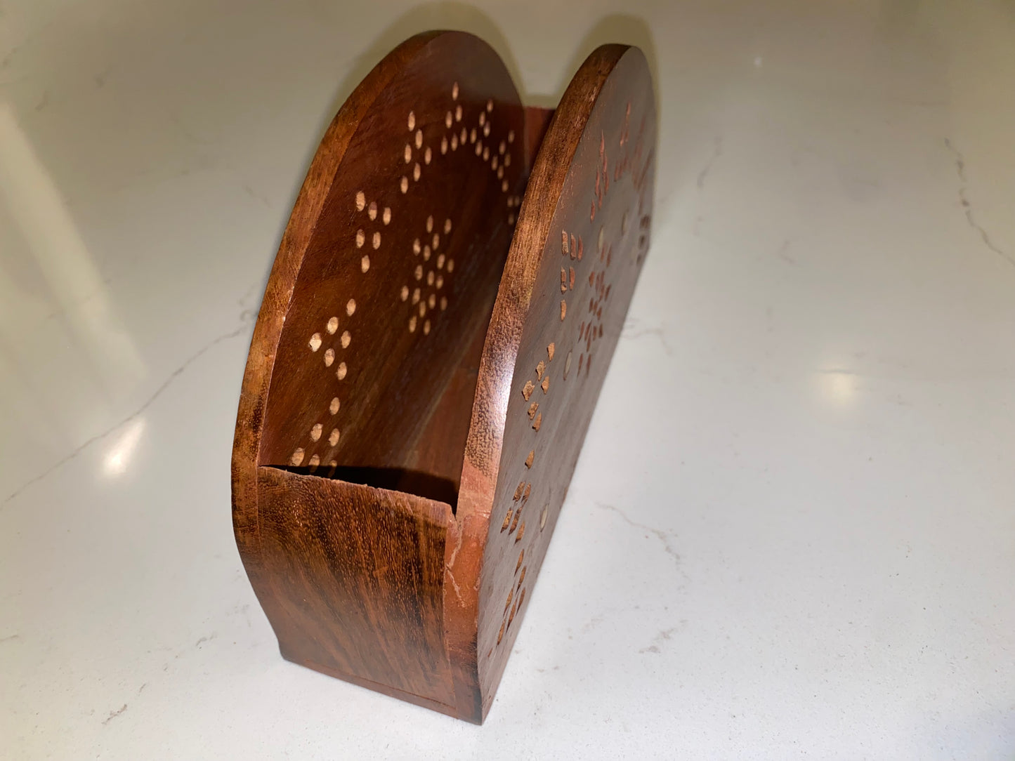 Vintage wooden paper tissue box holder with brass inlay, American Smart napkin and tissue dispenser, showcasing intricate craftsmanship.
