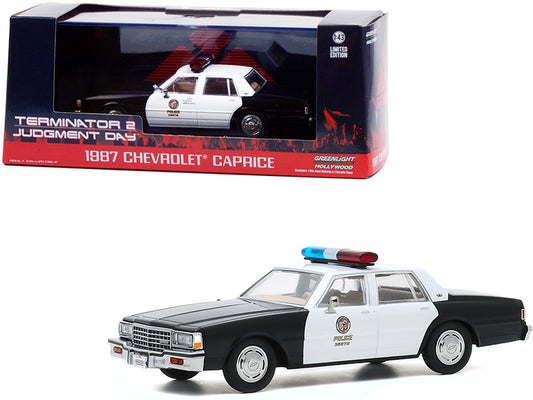 Black and white 1987 Chevrolet Caprice diecast model car from "Terminator 2" by Greenlight, detailed collectible for movie fans.