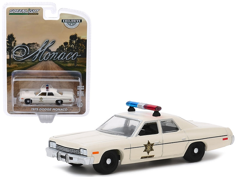 Cream 1975 Dodge Monaco Hazzard County Sheriff diecast model car by Greenlight, 1/64 scale, American Smart - EB police collectible