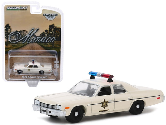Cream 1975 Dodge Monaco Hazzard County Sheriff diecast model car by Greenlight, 1/64 scale, American Smart - EB police collectible