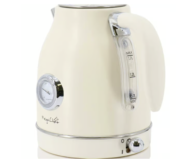 American Smart MegaChef electric tea kettle and 2-slice toaster combo in creme, with sleek design and digital controls.