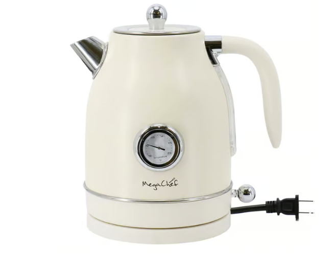 American Smart MegaChef electric tea kettle and 2-slice toaster combo in creme, featuring a sleek design and modern kitchen appliances.