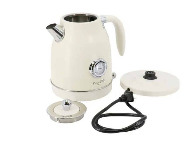 American Smart MegaChef 1.8 quart electric tea kettle and 2-slice toaster combo in creme, showing the kettle and toaster on a kitchen counter.