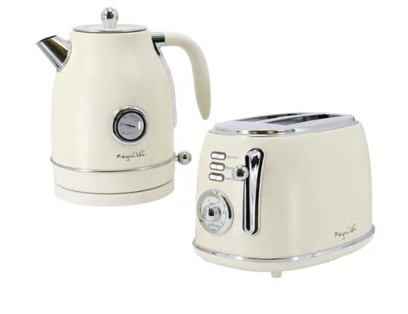 American Smart MegaChef 1.8 Quart electric tea kettle and 2-slice toaster in creme, shown on a kitchen countertop.