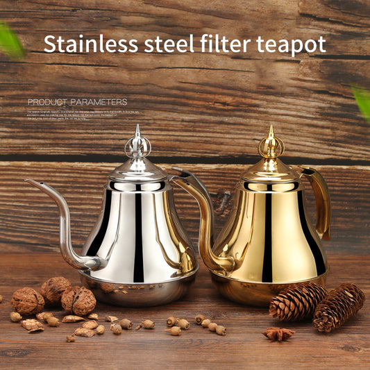 Stainless steel Latin tea pot with tea strainer, 1.2/1.8L capacity, suitable for induction cookers, part of American Smart tea ware set
