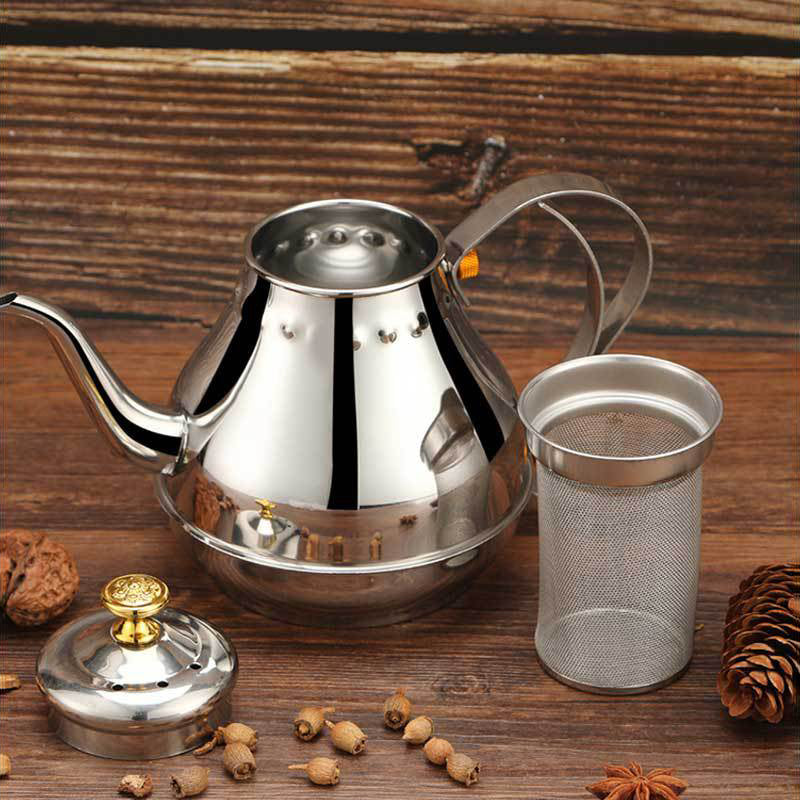 Stainless steel Latin tea pot with tea strainer, 1.2/1.8L capacity, suitable for induction cookers and teaware sets.