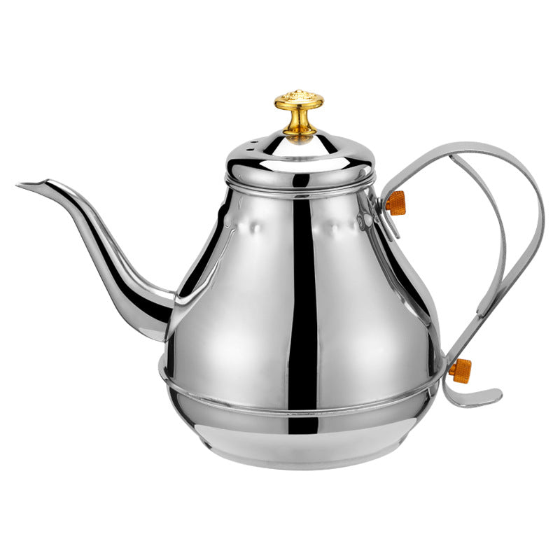Stainless steel Latin tea pot with tea strainer and handle, ideal for coffee and tea, suitable for induction cookers.