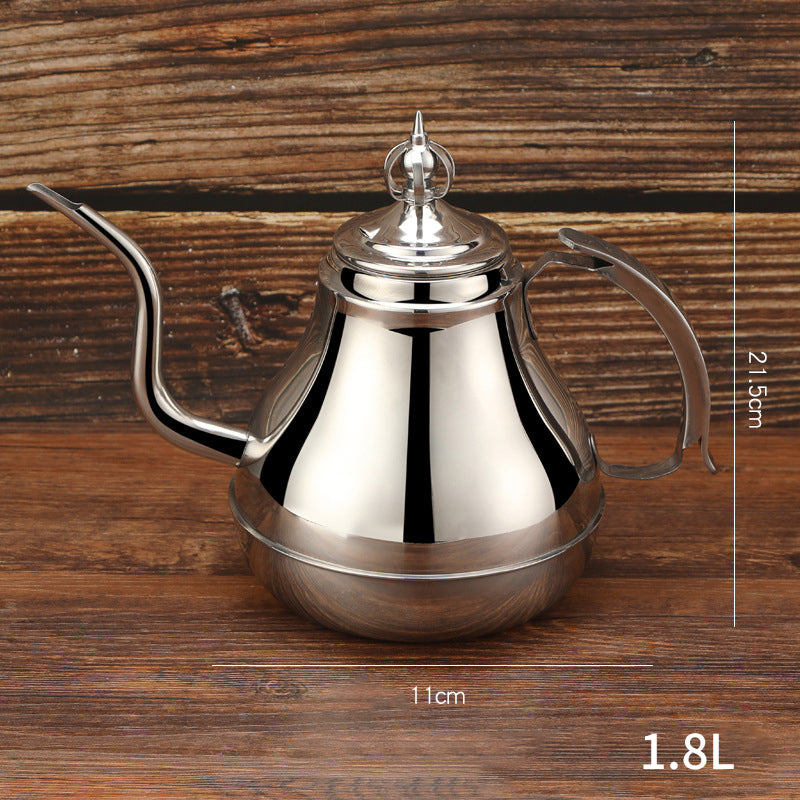 Stainless steel Latin tea pot with tea strainer, 1.2/1.8L capacity, suitable for induction cookers and teaware sets.