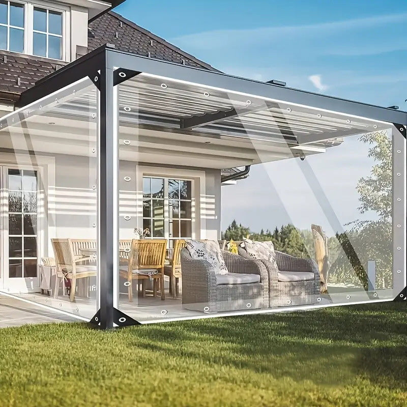 Transparent waterproof PVC tarpaulin by American Smart-EP with upgraded grommets, windproof and rainproof for outdoor use.