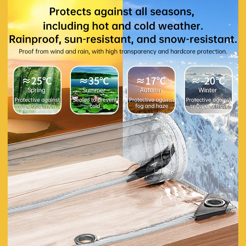 Transparent waterproof PVC tarpaulin by American Smart EP with grommets, windproof and rainproof for outdoor use.