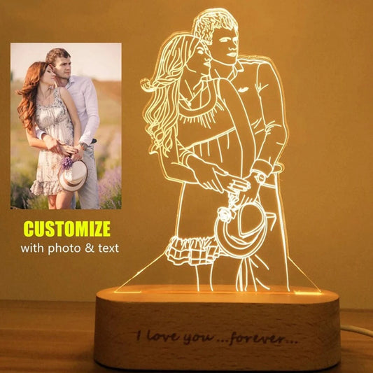 Personalized wooden photo frame with custom text, USB LED 3D night light for bedroom, wedding, anniversary, or birthday.