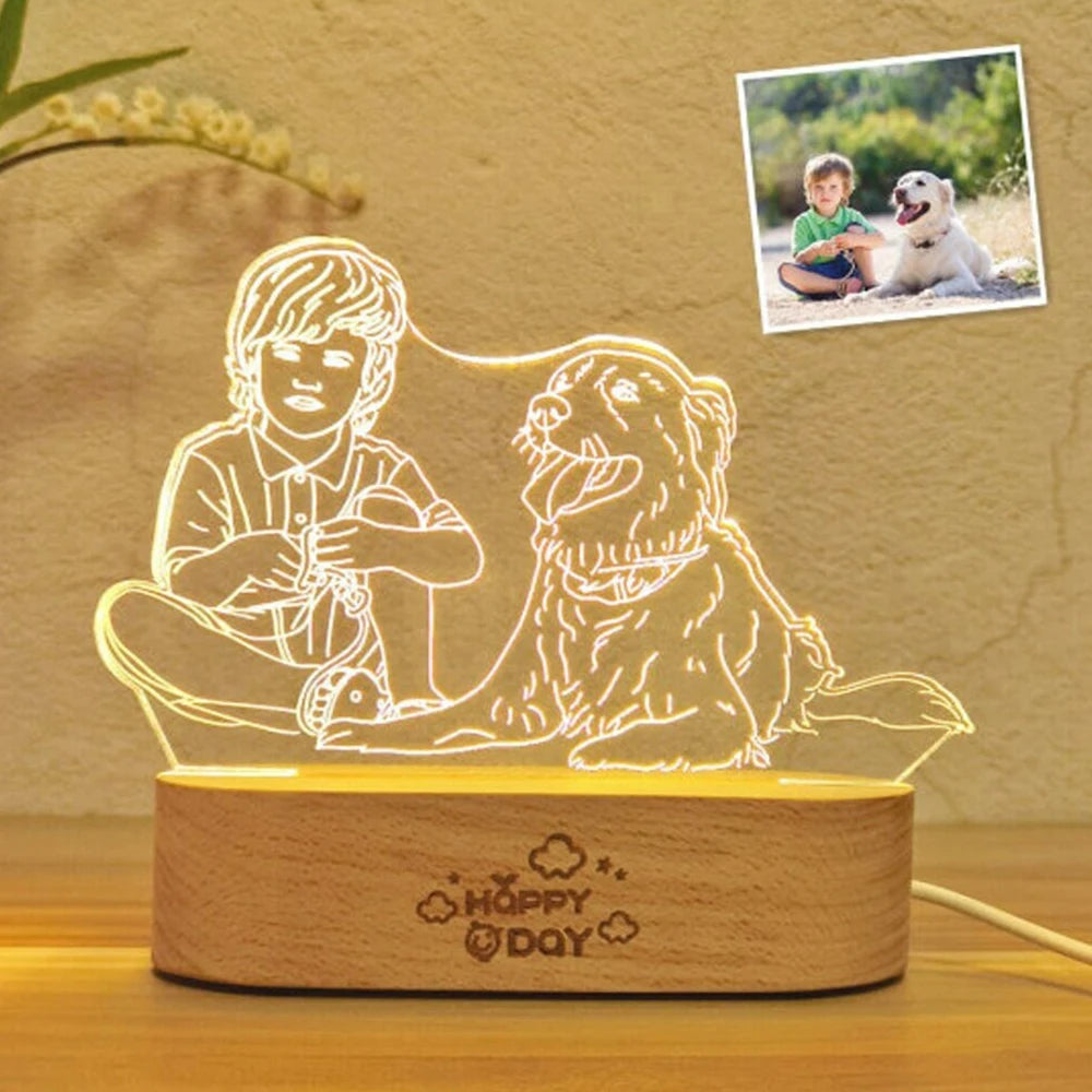 Personalized wooden photo frame with custom text and USB LED 3D night light, ideal for bedroom decor, wedding, or anniversary gifts.