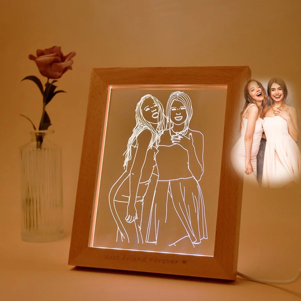 Personalized wooden photo frame with custom text and USB LED 3D night light for bedroom, wedding, or birthday celebrations.