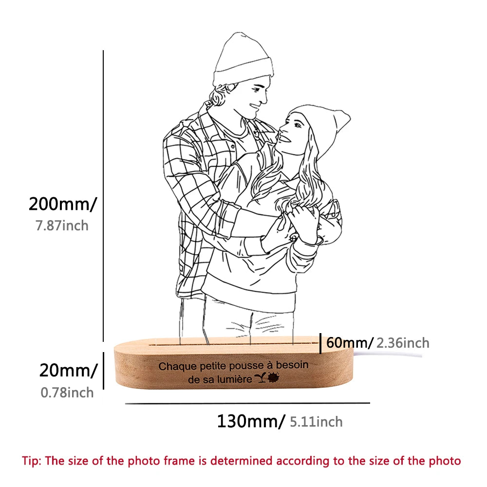 Personalized wooden photo frame with custom text and USB LED 3D night light, ideal for bedroom, wedding, or anniversary decor.