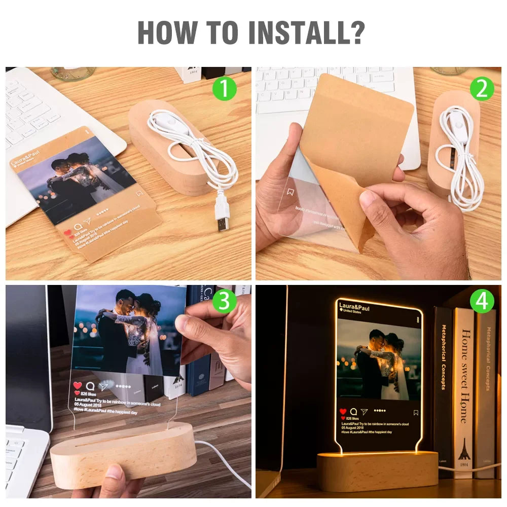 Personalized wooden photo frame with custom text and USB LED 3D night light, perfect for bedroom, wedding, or anniversary decor.
