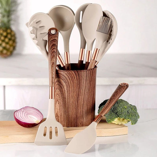 Set of 10 kitchen tools with wooden handles and silicone tips from American Smart EP, including spatulas, spoons, and turners.