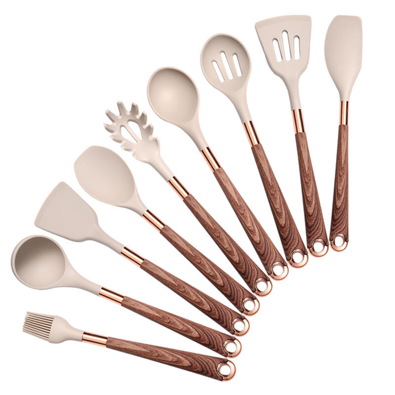 Set of 10 American Smart wooden handle kitchen utensils with silicone tips, including spatulas, spoons, and turners for cooking.